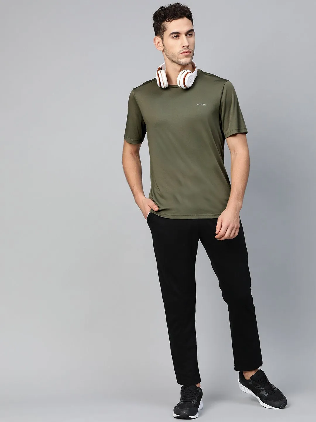 Alcis Men Olive Green Anti-Viral Round Neck Training T-shirt