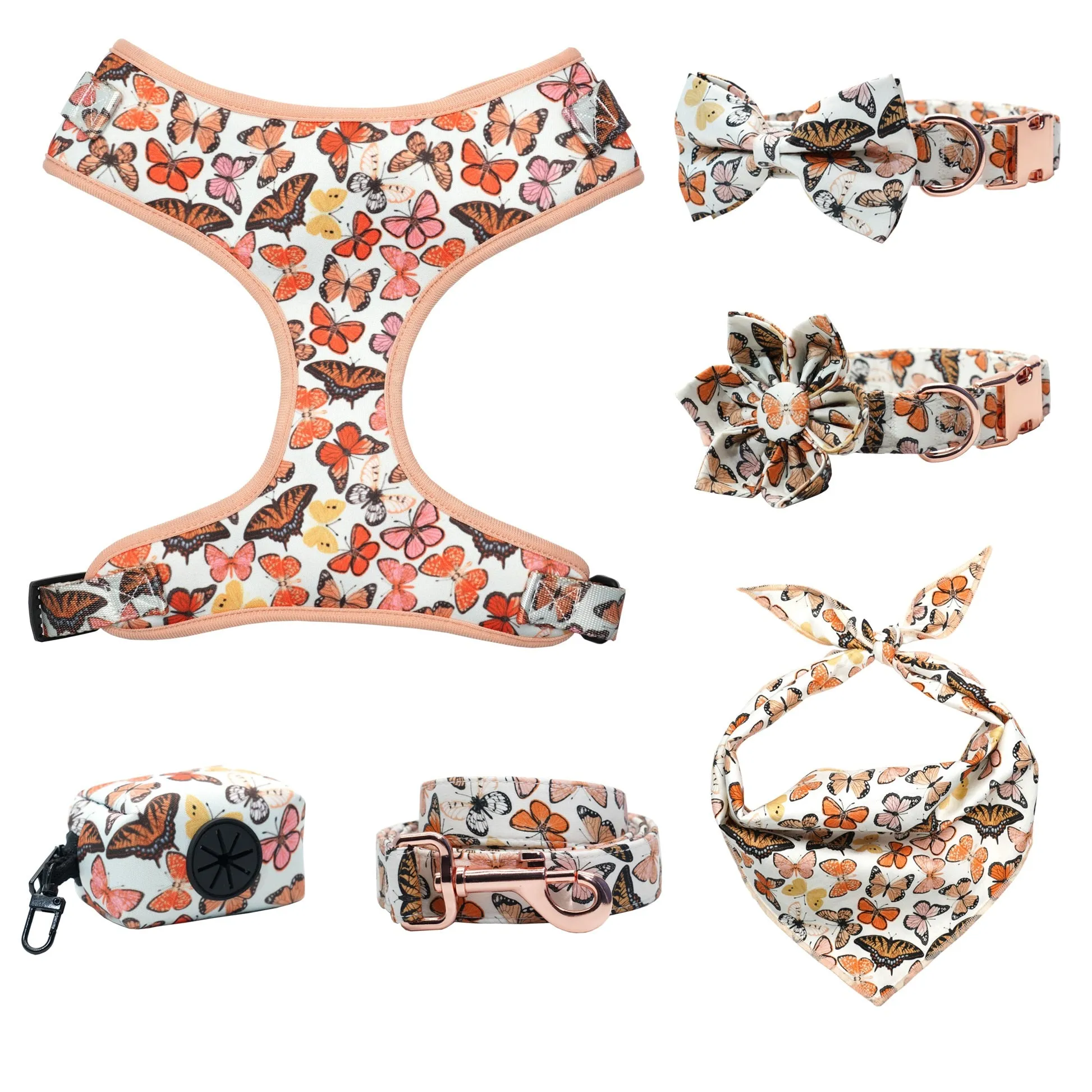 Breezy Butterflies Set: Personalized Flower Collar/Bow collar, Harness, Leash, Poopbag, And Bandana.