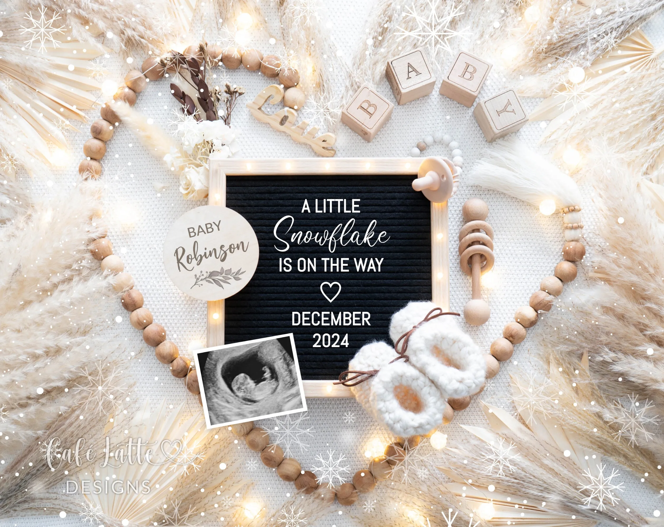Christmas Digital Baby Announcement - Heart Snowflakes
