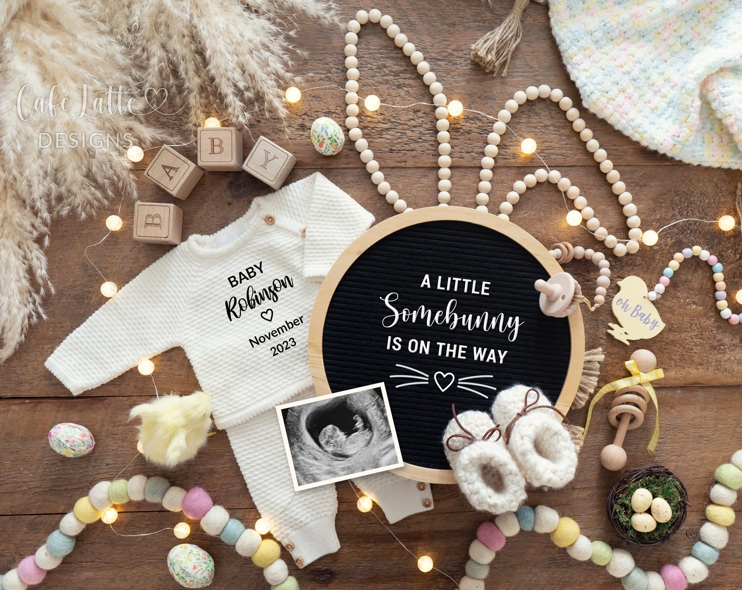 Easter Baby Announcement Digital Boho Reveal With Easter Eggs & Bunny Ears