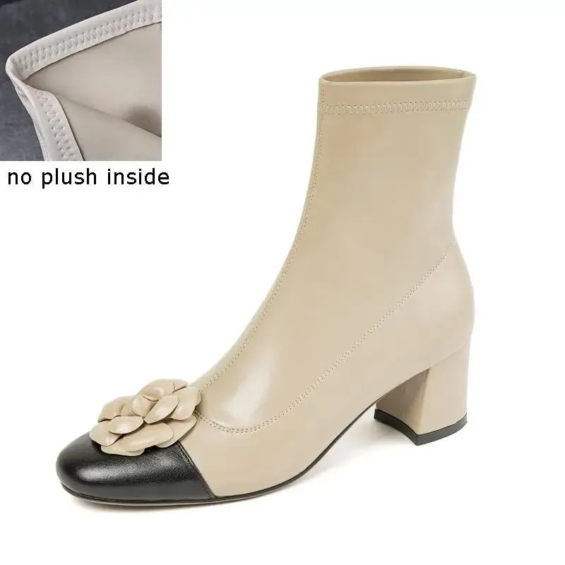 Flower Design Elastic Material Genuine Leather High Heel Women Boots