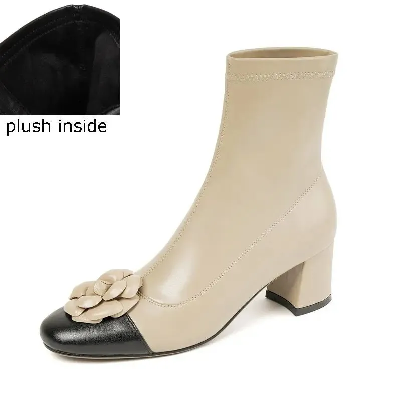 Flower Design Elastic Material Genuine Leather High Heel Women Boots