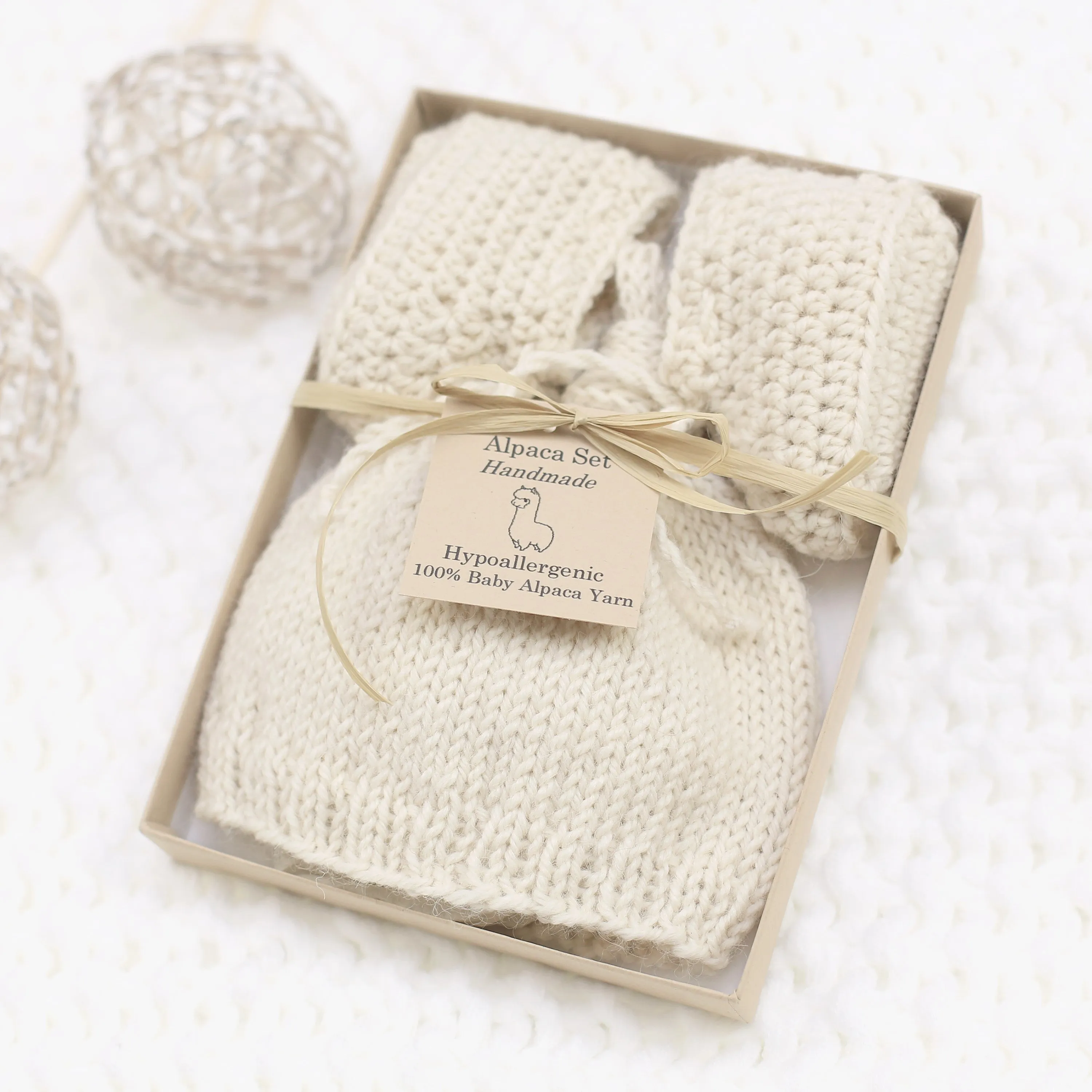 Natural Knotted Cap & Bootie | 100% Alpaca | Newborn Baby