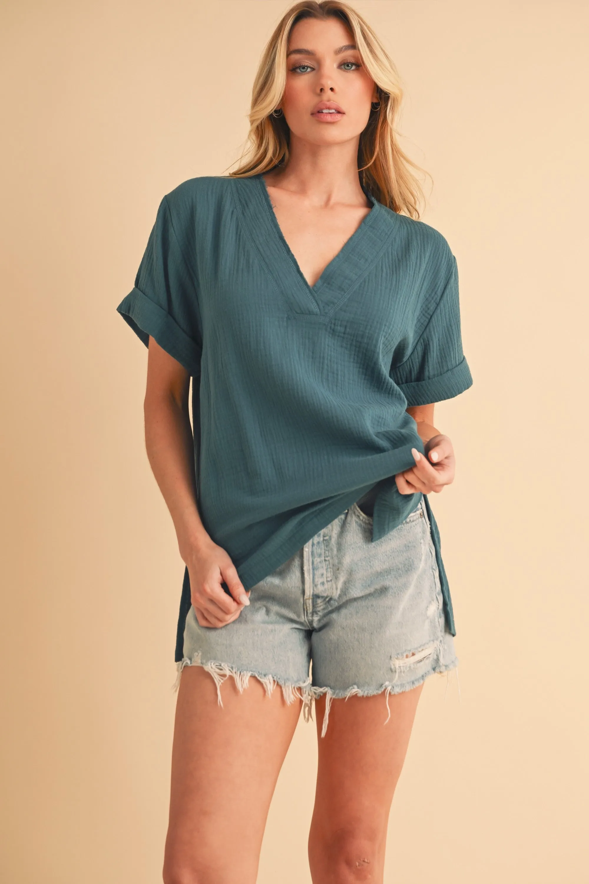 Side Slit V-Neck Short Sleeve Deep Teal Blouse