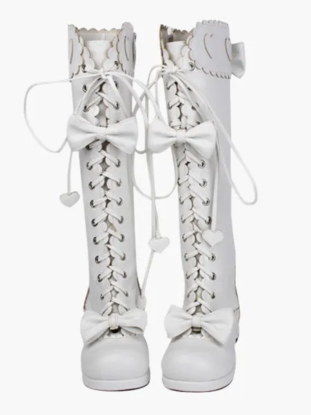 Sweet Matte White Lolita Boots Chunky Square Heels Bows Decor Shoelace