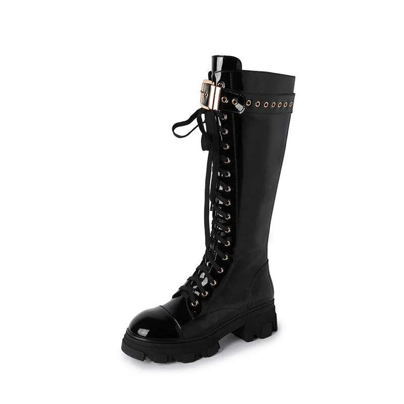 Women cowhide side zipper Knight boots belt buckle modern boots