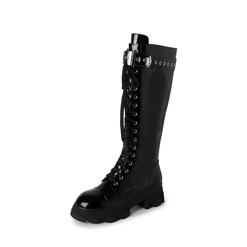 Women cowhide side zipper Knight boots belt buckle modern boots