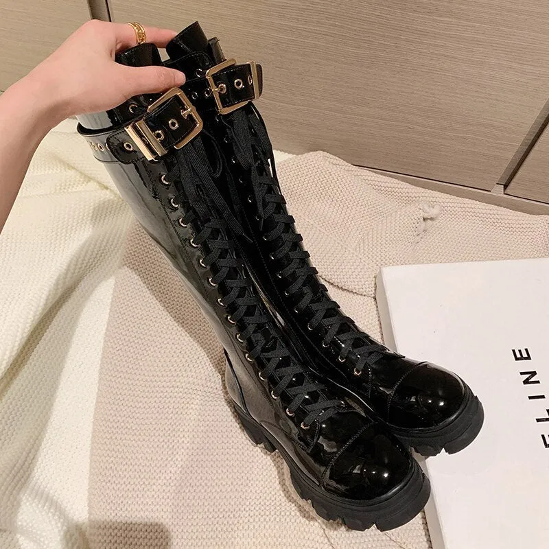 Women cowhide side zipper Knight boots belt buckle modern boots