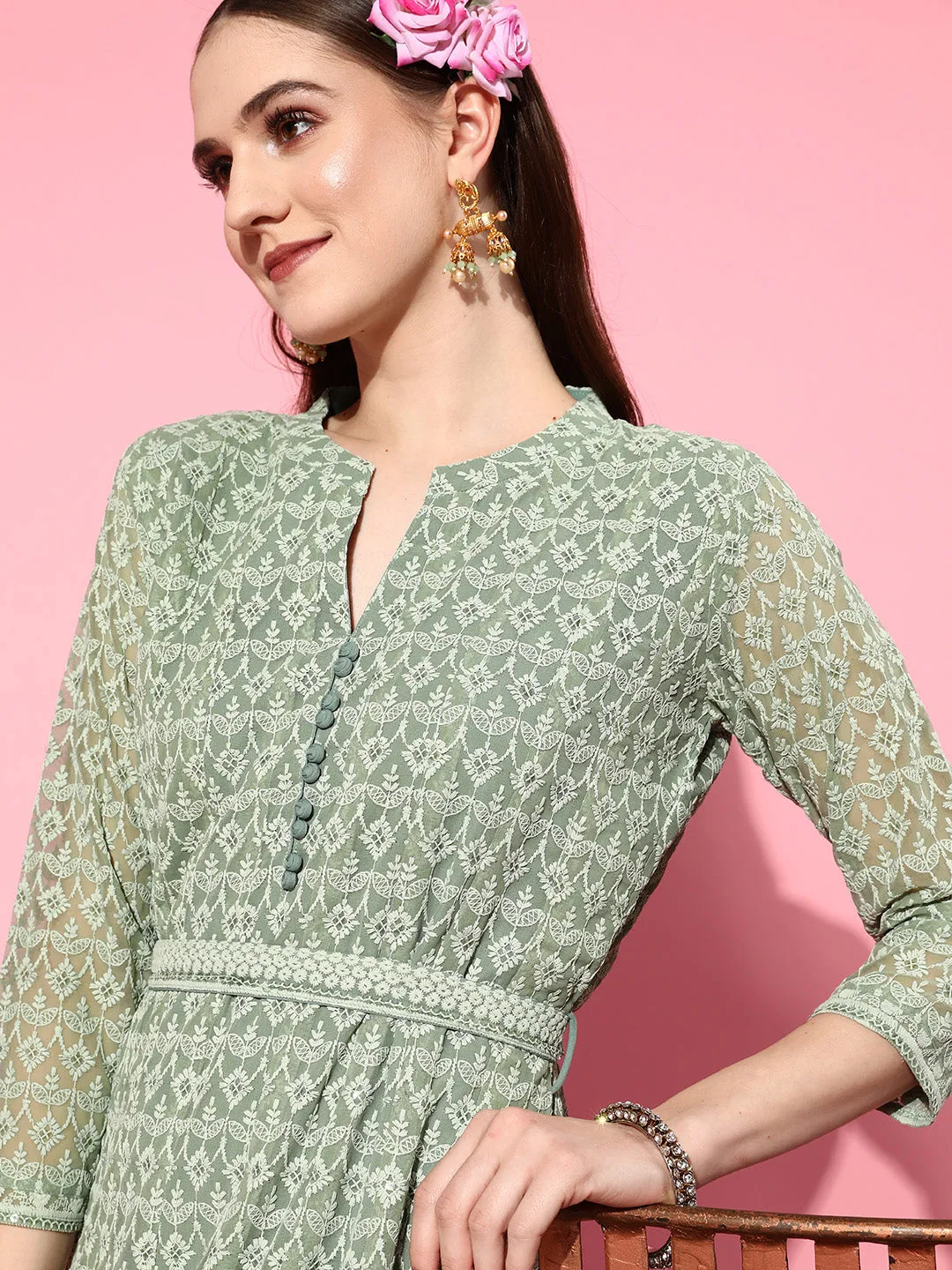 ZOLA Mandarin Collar Georgette All Over Chikankari Embroidery Mehandi Flared Dress For Women